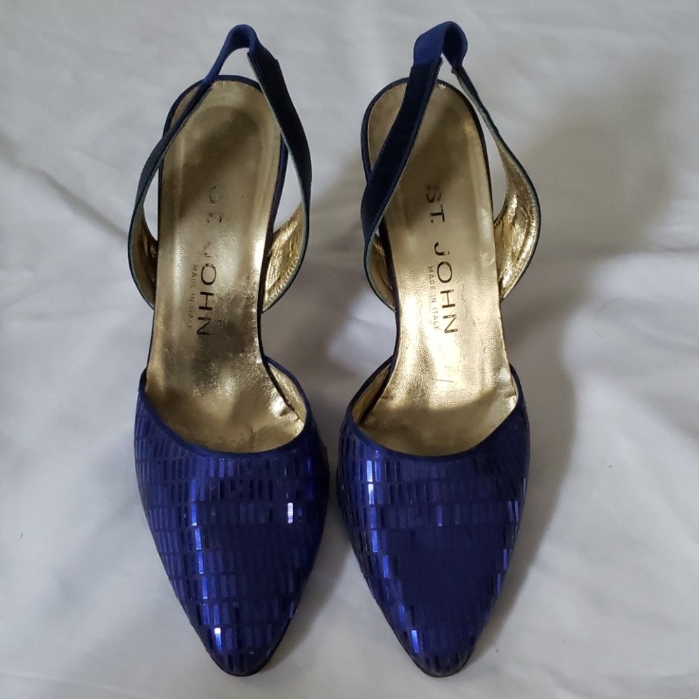 St. John Blue Sequin and Satin Slingbacks